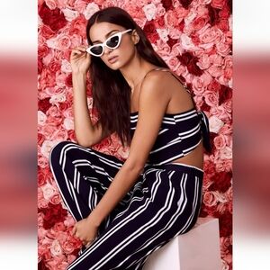 Lulu's Two Piece Striped Set Navy White Pants and Crop Top Size Small